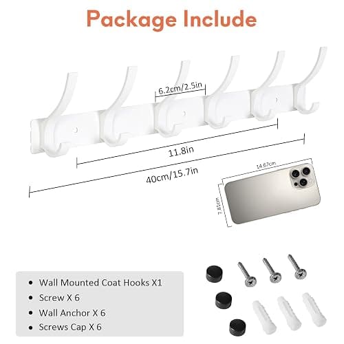 Optish Coat Rack Wall Mount, Coat Hook Wall Mount, Wall Hooks for Hanging, Hat Rack for Walls, Coats Hanger with 12 Hook, Towel Hooks for Bathrooms (2 Pack, White) thumbnail 2