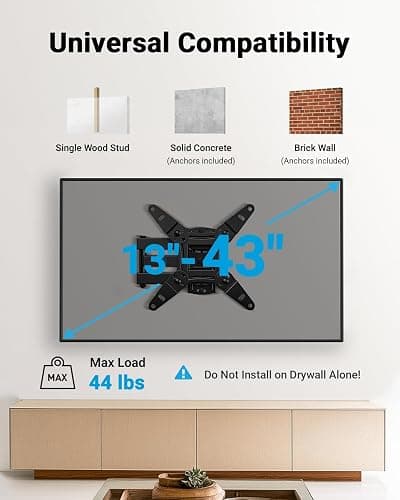 Pipishell Full Motion TV Wall Mount for Echo Show 21/15 and 13-43 Inch Flat Curved Screen TVs & Monitors, Max VESA 200x200mm up to 44lbs, TV Mount Wall Bracket with Rotation Swivel Tilt Extension thumbnail 2