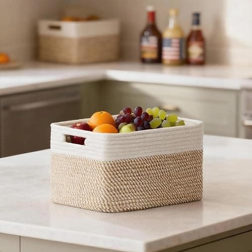 Yilobi 5 Pack Woven Storage Baskets for Shelves, Decorative Basket Organizer Storage Bins for Toys, Books, Clothes, Closet, Nursery, Bathroom – Cotton Rope Shelf Baskets for Organizing, Khaki & White thumbnail 8