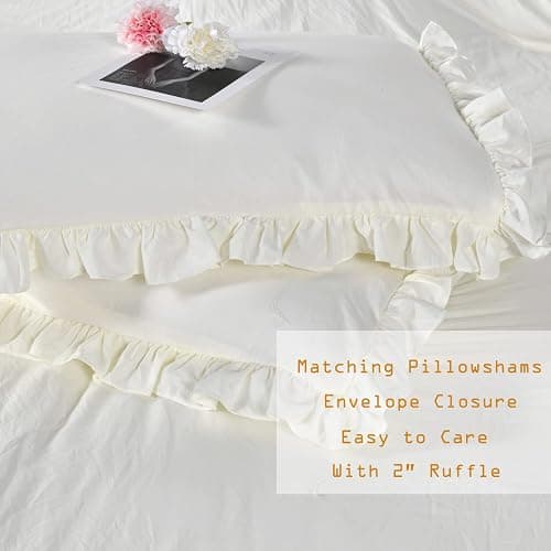 Masaca Ivory Ruffled Comforters Queen Size,Farmhouse Shabby Boho Chic Comforter Set,French Country Microfiber Inner Fill Ivory Bedding 3PCS(1 Ruffle Comforter and 2 Pillowcases) thumbnail 5