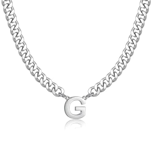 Fiusem Initial Necklace for Men, Silver Tone Cuban Link Chain for Men with Small A-Z Letter Necklace Pendant - Letter G - silver