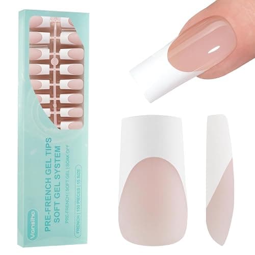 Vansiho French Gel Nail Tips, 150Pcs Long Square Press on Nails, No Need to File 3 in 1 Pre-French Gel Tips for Nail Art DIY 15 Sizes - Image 1