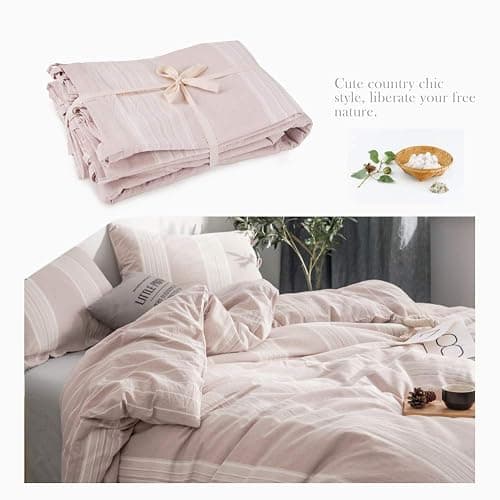 BISELINA Striped Duvet Cover Set 3pcs 100% Washed Cotton Linen Like Textured with Bowknot Bow Ties Strap Reversible Breathable Soft Comfy Chic Yarn Dyed Bedding (King, Cream Tan) thumbnail 7