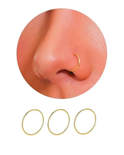 ESLALA 14K Gold Nose Ring Hoop for Women, Thin Nose Piercing jewelry (Gold, 3pcs- 8mm 22 gauge) - Image 1