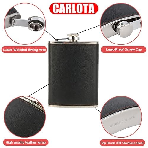 Hip Flask Gift Set, Hip Flasks for Liquor for Men with Black Leather Cover, 8 Oz Hip Flask Set, 18/8 Stainless Steel Hip Flasks for Liquor with 2 Cups & Funnel, Flasks for Liquor for Men Gift Box1 thumbnail 4