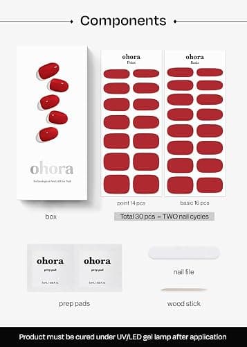 ohora Semi Cured Gel Nail Strips (N Addict) - Works with Any Lamps, Salon-Quality, Long Lasting, Easy to Apply & Remove - Includes 2 Prep Pads, Nail File & Wooden Stick thumbnail 6