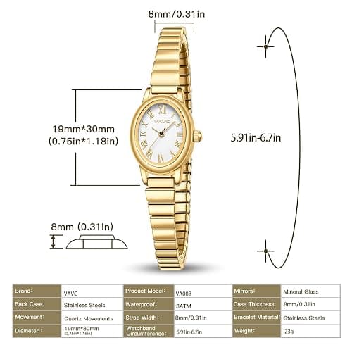 VAVC Small Gold Watches for Women,Analog Womens Watch with Stainless Steel Expansion Band,Oval Case Roman Dial,Water Resistant thumbnail 4