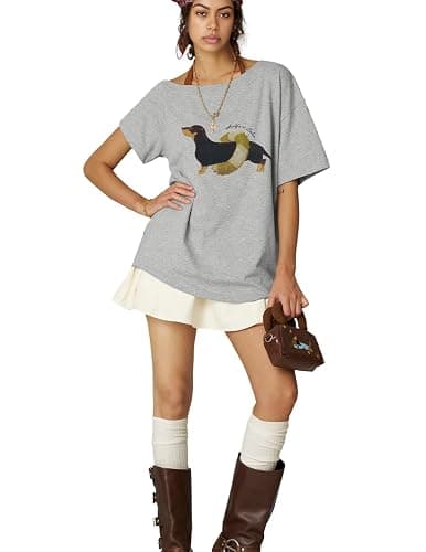 Aelfric Eden Dachshund Off The Shoulder Tshirts Women's Oversized Graphic Tees Short Sleeve Summer Cute T Shirts Y2K Tops thumbnail 2