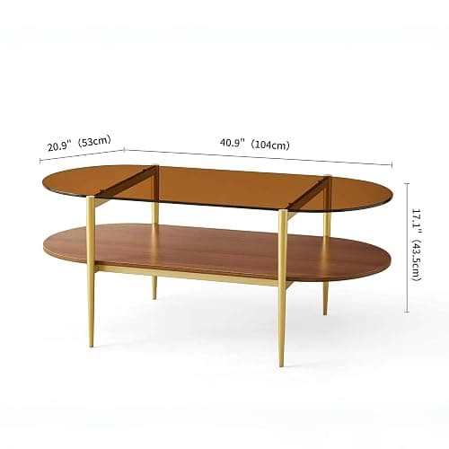 LumFurn Oval Glass Coffee Table, Mid-Century Modern Design, L41 x W21 x H17 inch, for Living Room, 2-Tier Structure, Amber Glass Top and Walnut Finish Wood Shelf, Conical Legs with Gold Finish Frame thumbnail 2