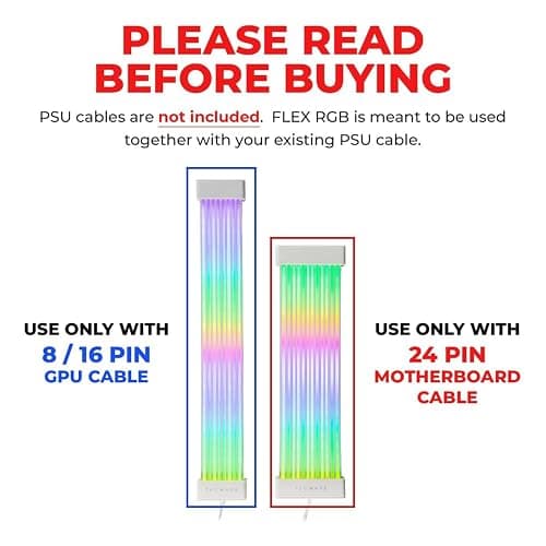 TECWARE Flex RGB Cable Cover Kit | Compatible with 24-Pin Motherboard and 8-Pin/16-Pin GPU | ARGB PSU Cable Extension with 5V 3-Pin Sync | RGB Lighting Kit for PC Cables | White thumbnail 2