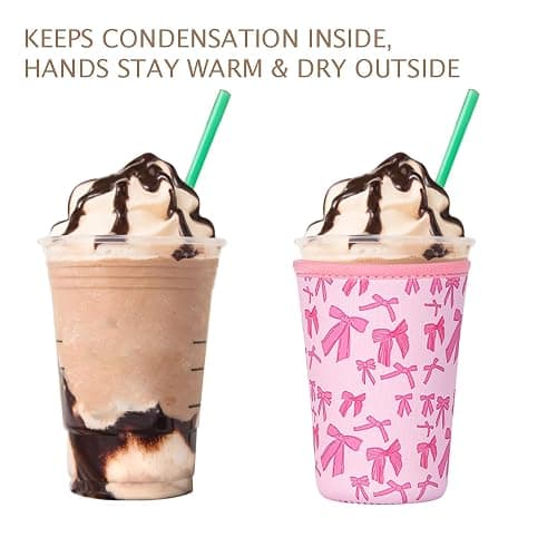 Reusable 3-Pack Iced Coffee Cup Sleeve, Insulated Neoprene, Beverage Holder for Iced Coffee, Durable Drink Sleeve for Cold Beverages, Pink Bows thumbnail 6