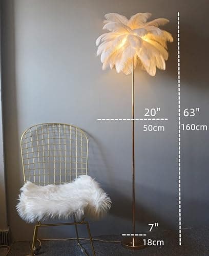 GIOAMH Natural Ostrich Feather Floor Lamp, 3-Way Color Temperature,Simple Modern Bedroom and Living Room Standing Lamp, Golden Lamp Body, G4-LED Bulb (White) thumbnail 5