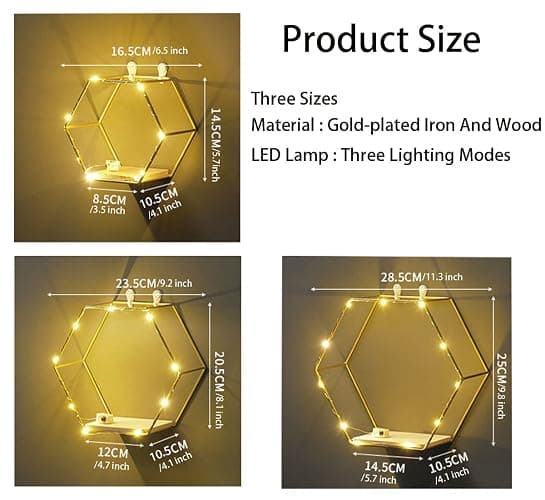 Liywall - Hexagon Floating Shelves Wall Decor, Gold Metal Wire and Wood Wall Mounted Storage Shelf Home Decorations Art for Bedroom Living Room Kitchen Bathroom, Set of 3 with LED Lights - Gold thumbnail 4
