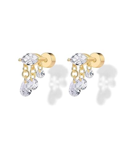 PAVOI 14K Gold Plated Dangle Flat Back Earrings for Women | Helix and Cartilage Pearl Cluster Triangle Lotus Pear Marquise Cubic Zirconia Screw Back Earring Pair thumbnail 3