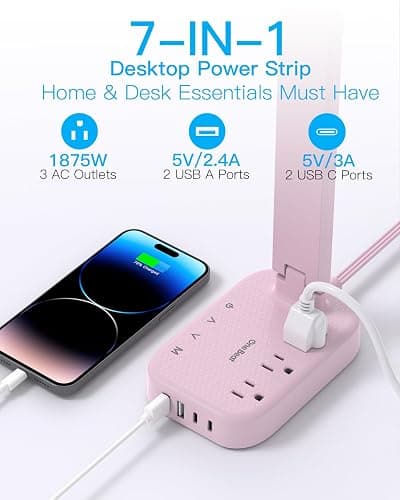 Dorm Room Essentials for Girls, Pink Power Strip with LED Desk Lamp, 3 Outlets 4 USB Ports, 4 Modes 5 Level Touch Lamp Small Desk Lamp for Home Office Bedroom Study Reading Light, 5ft Extension Cord thumbnail 2