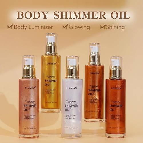 Liyalan Shimmer Body Oil 5 Color Gold 3.38 Fl Oz Face Glow Pearl Highlighter Illuminator Body Makeup Shine Glitter Gold Liquid Taning thumbnail 2