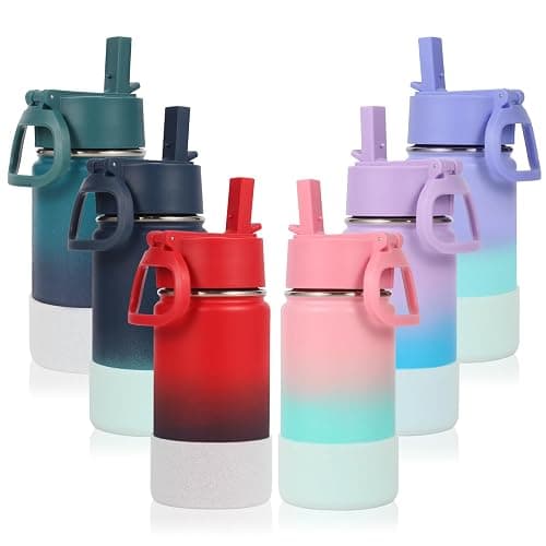 Volhoply 14oz KIds Water Bottle with Straw Lid and Silicone Boot Bulk 6 Pack,Stainless Steel Insulated Cups for Boys & Girls Multipack,Double Wall Vacuum Leakproof Bottles(Assorted,6) - Image 1
