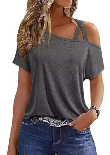 VKEGNIO Criss-Cross One Shoulder Tops Sexy Cold Shoulder Shirts Summer Short Sleeve T-Shirts Vacation Loose Casual Tees - Large - Grey