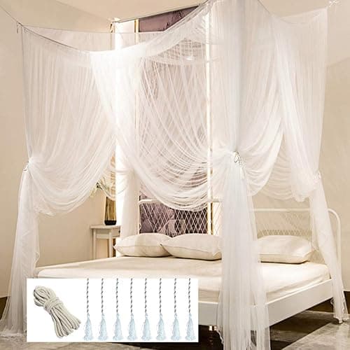 Bed Canopy, Canopy Bed Curtains Bed Drapes for Full Queen King Size Bed Mosquito Net Bed Canopy Curtains for Patio Indoor Outdoor Room Decor Screen Netting Canopy Curtains White - Image 1