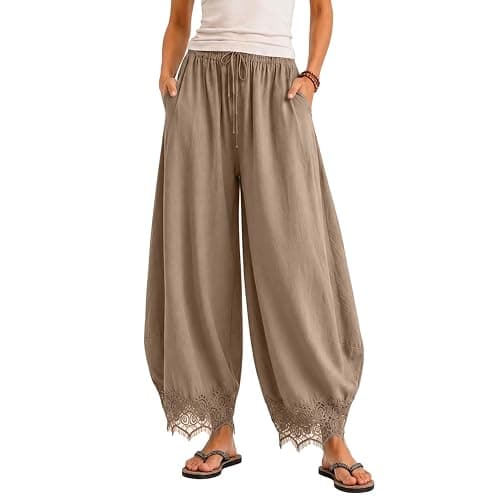 Womens Cropped Lace Trim Pants High Waisted Elastic Drawstring Wide Leg Trousers Casual Flowy Boho Pant with Pockets thumbnail 7