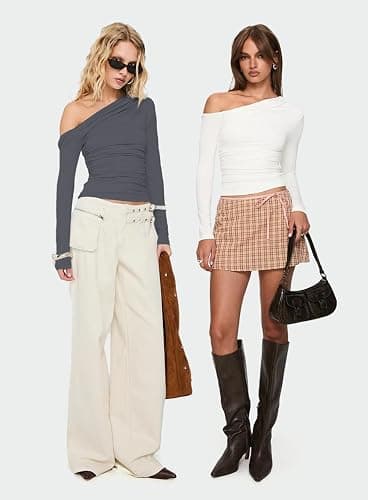 Darong Women's Casual Long Sleeve Boat Neck Off Shoulder Slim Fit Crop Top Going Out Blouses Y2K Tight Shirts thumbnail 4