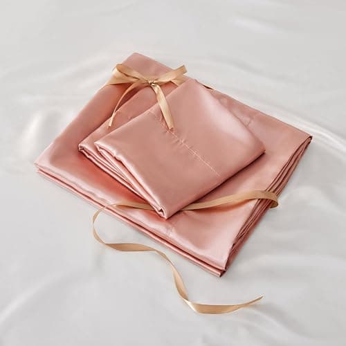BEDELITE Satin Fitted Sheet and Pillowcases Set, Luxury Soft Similar to Silk Bottom Bed Sheet with Elastic Corner Straps, Deep Pocket up to 15 Inch, 1 Fitted Sheet and 2 Pillowcases(Full, Rose Pink) thumbnail 6