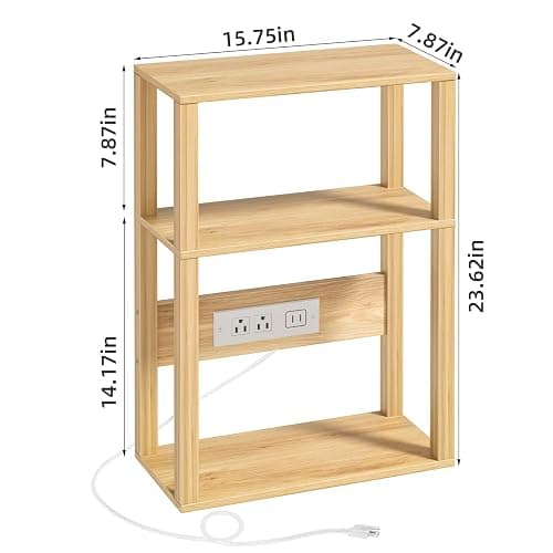 YUFAM 3 Tier Small Narrow Bamboo Side Table Set of 2 with Charging Station - Skinny Nightstand for Small Spaces, Slim Bedside Table with USB Ports and Outlets - Thin End Table with Storage, Natural thumbnail 3