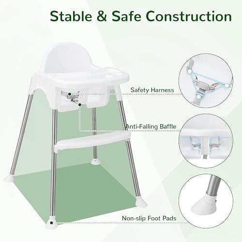 HONEY JOY Baby High Chair, 4 in 1 Convertible Highchair for Babies and Toddlers, Adjustable Legs, Double Removable Tray & Footrest, 3-Point Safety Harness for Infants Boys Girls (White) thumbnail 5