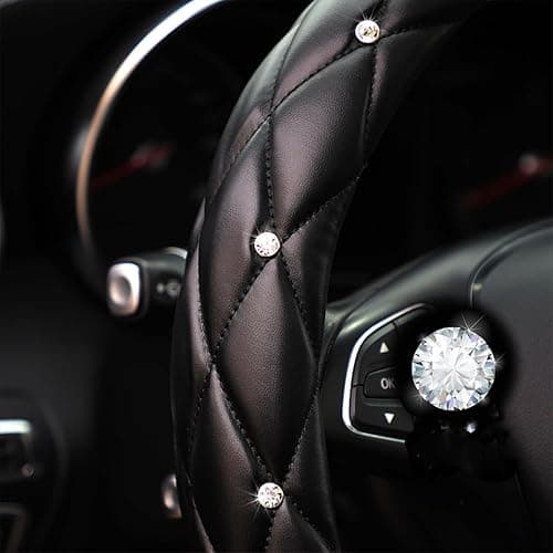 YOGURTCK Diamond Soft Leather Anti-Slip Steering Wheel Cover with Bling Bling Crystal Rhinestones, Universal 15 Inch for Women Girls, Fit Vehicles, Sedans, SUVs, Vans, Trucks - Black thumbnail 4