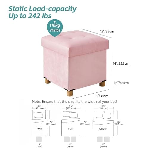 BRIAN & DANY 15" Small Ottoman with Storage Cube, Square Storage Ottoman Foot Stool with Wood Legs, Velvet Ottomans for Living Room, Bedroom, Dorm, Pink thumbnail 2