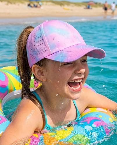 New Updated Little Girls Criss Cross Ponytail Hat Reflective Baseball Cap Waterproof Quick Dry Sports Hats for Kids Age 3-8 thumbnail 5