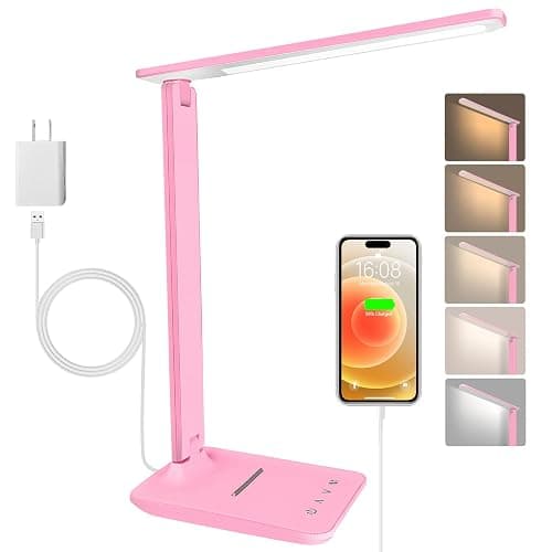 White crown LED Desk Lamp Dimmable Table Lamp Reading Lamp with USB Charging Port, 5 Lighting Modes, Sensitive Control, 30/60 Minutes Timer (Pink, First-Generation) - Image 1