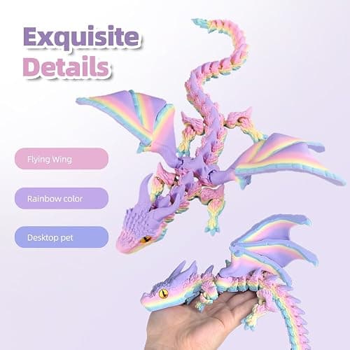 WUQIREN 3D Printed Dragon with Wings, 3D Printed Animals Toys, Fidget Dragon Toys, Flexible Articulated Winged Crystal Dragon Model, Desktop Pet Decor, Dragon Gift for Kids & Adult (Random-Rainbow) thumbnail 5