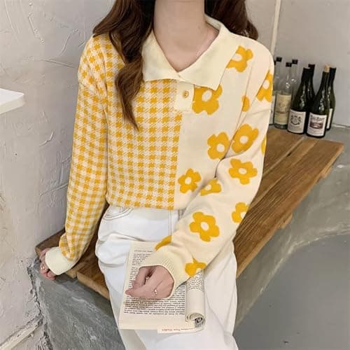 Womens Kawaii Color Block Sweaters Cute Plaid Collared Pullover Sweatshirts thumbnail 5