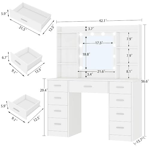 FIONESO Vanity Desk with Mirror and Lights, Power Outlet, Makeup Vanity with 9 Drawers & 6 Open Storage Shelves, 3 Lighting Modes Brightness Adjustable, White thumbnail 2