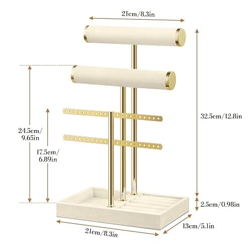 Bracelet Holder Jewelry Organizer Display - Beige Jewelry Velvet Stand,  3 Tier T Bar Storage for Bracelet, Necklaces, Earrings, Rings, Watches thumbnail 3