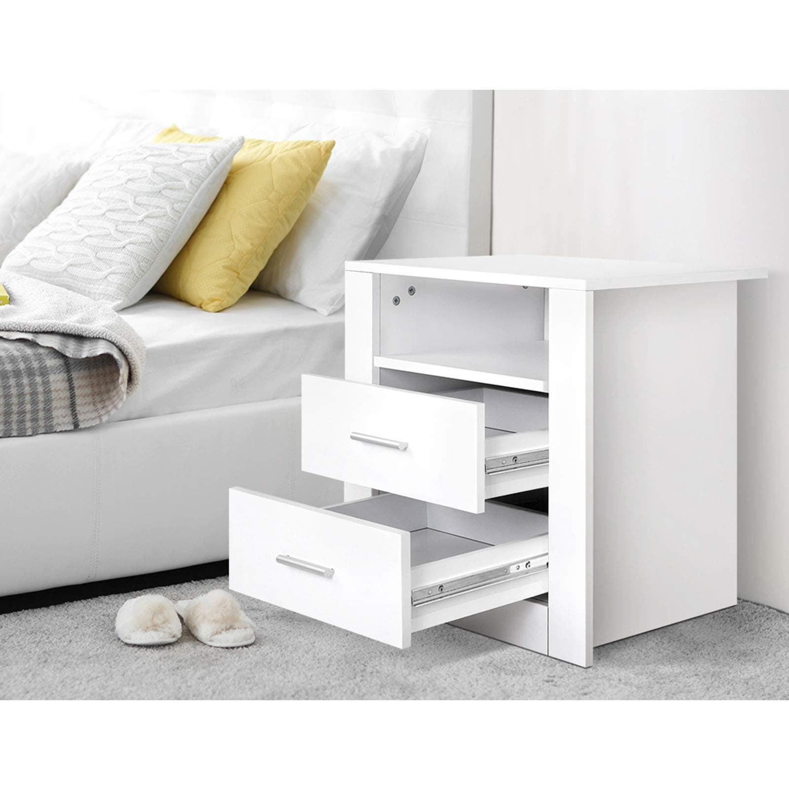 Artiss Bedside Table White Bed Side Tables Storage Small Narrow Desk Chest of Drawers, with 2 Drawer + Shelf, Bedroom Living Room Home Furniture Tallboy Lamp Nightstand Cabinet in 54cm Height thumbnail 2