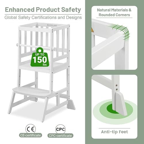 COSYLAND Kids Kitchen Step Stool, Height Adjustable Toddler Standing Tower Nursery Helper with CPC & FSC Certification, Removable Safety Railing Enjoys Exclusive Paten，White thumbnail 5