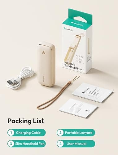 Aecooly Slim Portable Fan, Thin Handheld Fan, USB Rechargeable Mini Personal [17H Max Cooling Time], Battery Powered Small Foldable Pocket for Travel, Summer, Gifts for Women, Girls -Beige - 1 Pack - Beige thumbnail 7