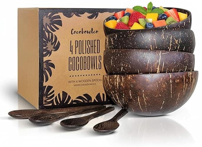 COCOBOWLCO Coconut Bowl Set with Wooden Spoons – White Elephant Gifts For Adults, Christmas Gifts. Eco-Friendly Acai Bowls, Yogurt Bowls & Smoothie Bowl – Ideal for Ninja Creami (4, Polished) - Image 1