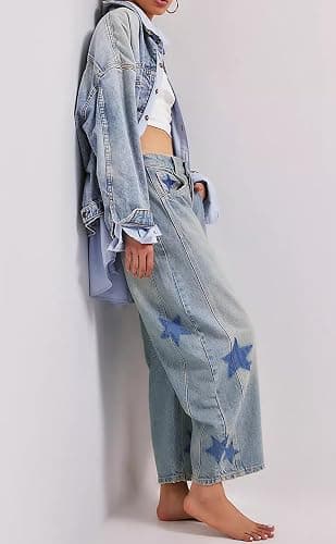 CHARTOU Y2k Barrel Jeans Women Wide Leg Baggy Distressed Printed Boyfriend Horseshoe Denim Pants thumbnail 5