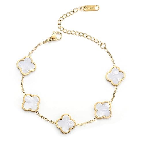 AIPPK 18K Gold Plated Clover Lucky Bracelet for Women White/Black/Red/Green Flower Four Leaf Link Bracelets Trendy Jewelry Gifts for Women - White