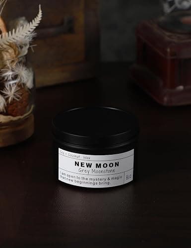 New Moon Gray Moonstone New Beginnings Ritual Energy Gift Grounding Manifestation Intention De-Stress Good Fortune Success Protection Meditation Magic Hande Made Candle(8oz). thumbnail 2