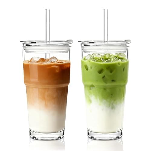 INSETLAN 20oz Clear Glass Cup with Lid and Glass Straw, Set of 2 Thickened Glass Coffee Tumblers, Drinking Glasses with Straw for Smoothie, Tea, Milk, Whiskey, Water and More – Elegant & Durable - Image 1