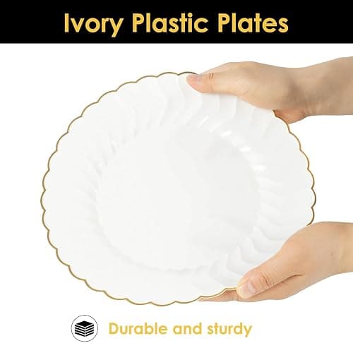 Lullaby 96PCS Ivory Scalloped Plastic Plates with Gold Rim, Disposable Elegant Plates Include 48pcs Dinner Plate 10.25", 48pcs Dessert Plate 7.5", Perfect for Daily Use, Wedding and Party thumbnail 4
