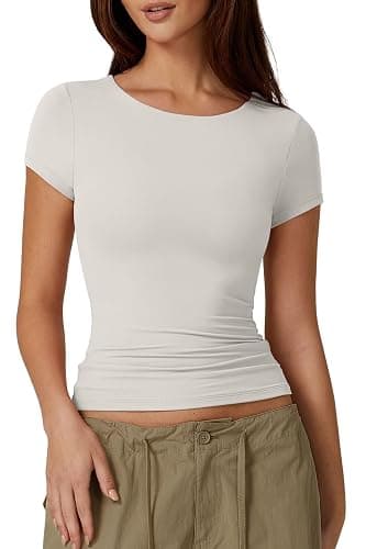 QINSEN Women's Crew Neck Short Sleeve Tees Double Lined Slim Fit T Shirt Basic Y2K Tops - Image 1