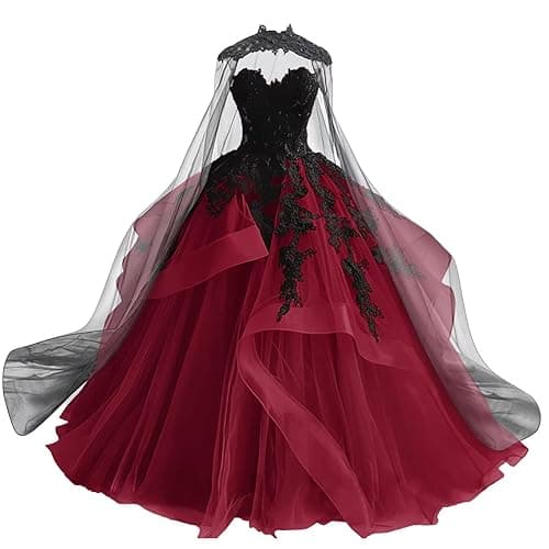 Mouccy Gothic Victorian Tulle Wedding Dresses for Bride Black Lace Bridal Gowns Puffy Strapless Wedding Gown with Cape - Pink - 0 thumbnail 7