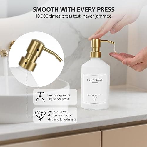 Gold Soap Dispenser Set, Glass Hand and Dish Soap Dispenser Set with Tray,Stainless Pump,14 Stickers for Kitchen,Bathroom Soap and Lotion Dispenser,Modern Counter Decor (White Bottle/Gold Pump) thumbnail 3