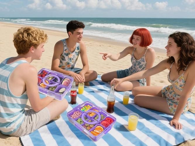 FEIOOD Patent Design Ribbed Snackle Box Container Divided Serving Tray with Lid and Handle -Charcuterie Container Portable Storage Organizer for Candy, Fruit, Beach, Picnics（1 pcs, Purple thumbnail 8