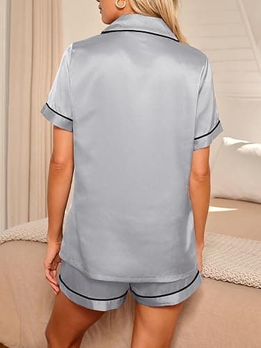 LILLUSORY Silk Satin Pajama Set for Women 2 Piece Lounge Pjs Winter Matching Summer Sleepwear Button Down Shirt Shorts thumbnail 3